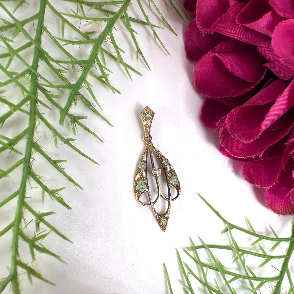 Vintage ⚜️ 14K Gold Enameled Art Nouveau Teardrop Pendant - Picture 2 of 12